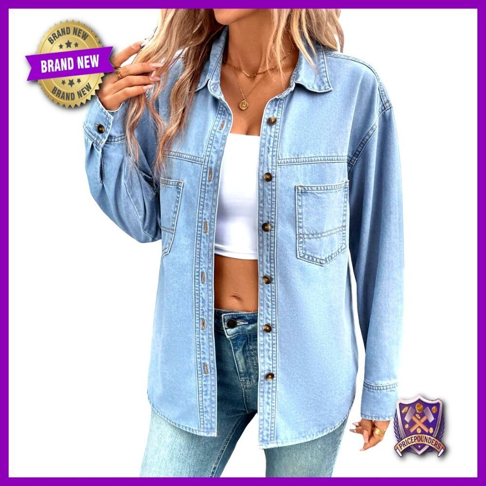 Oversized Denim Button Down Shirt Long Sleeve Casual Chic Layering Top